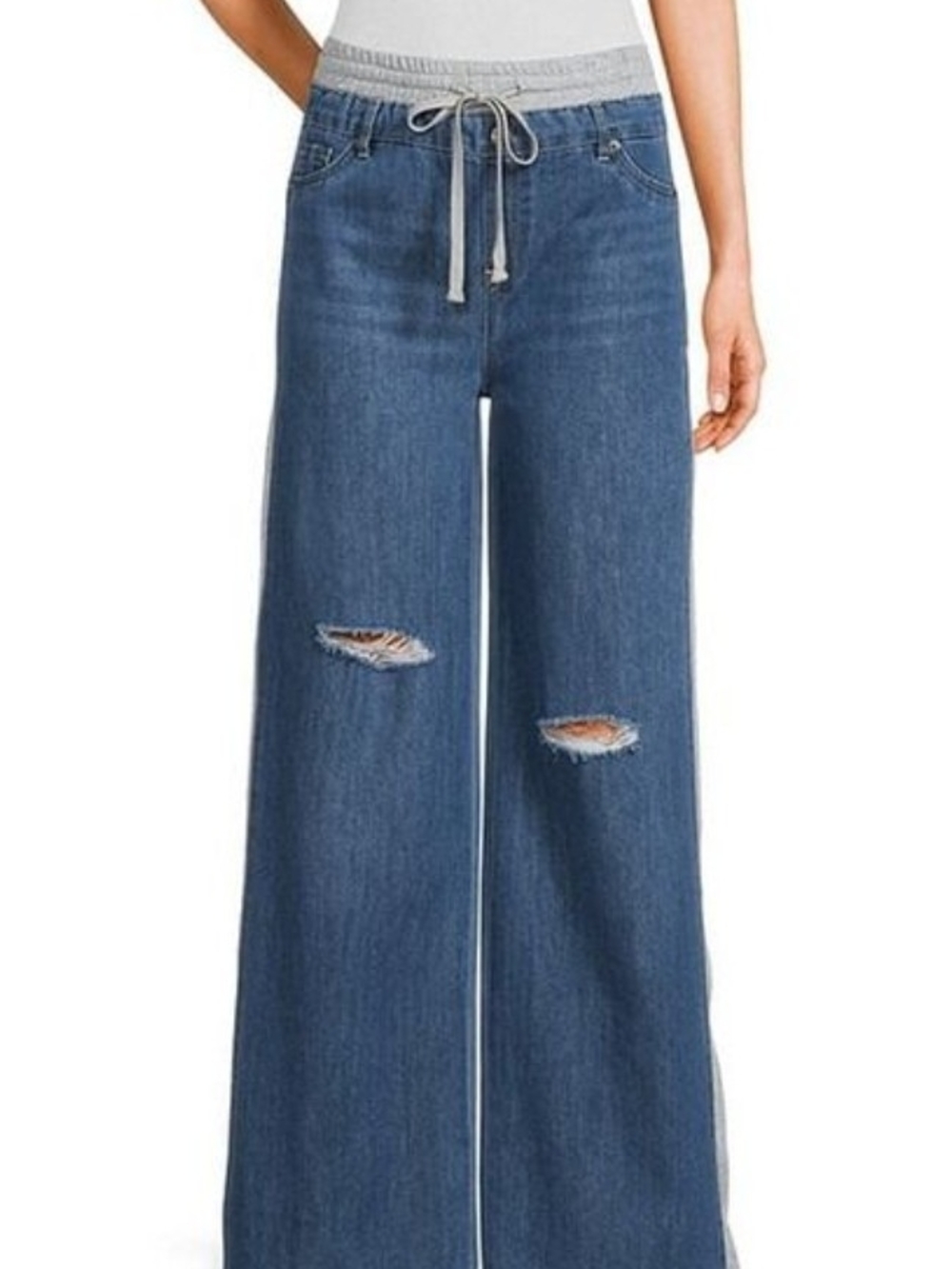 Tractr Wide-Leg Distressed Jeans with Gray Drawstring Waist - Blue